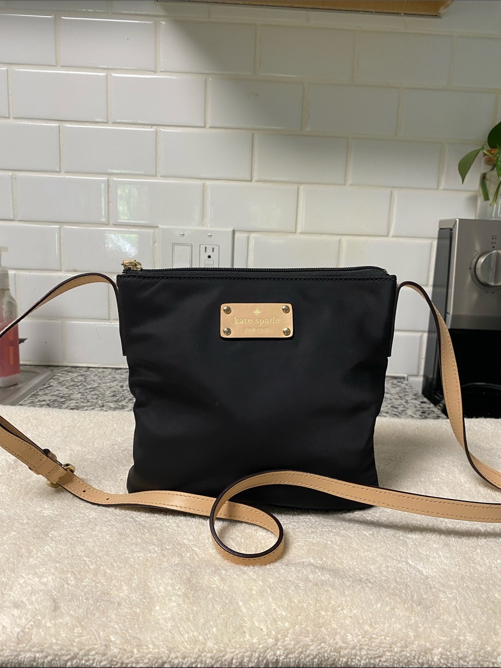 kate spade Black Nylon Crossbody with Tan Strap and Gold Logo Plate